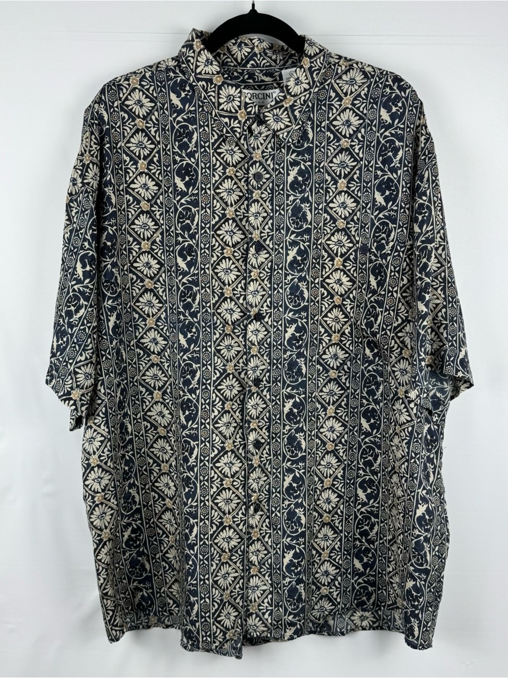 Vintage Navy and Cream Floral Hawaiian Silk Button-Up Shirt